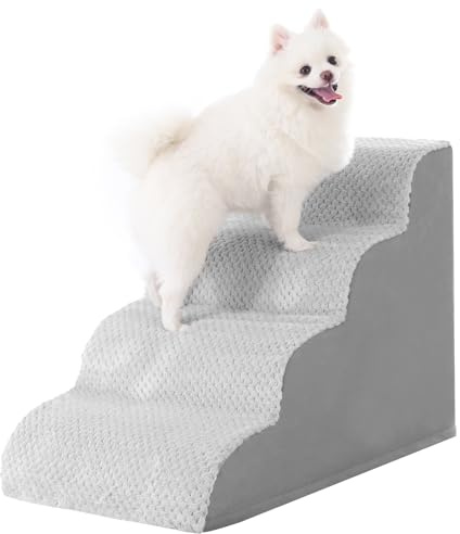 MIHIKK Dog Stairs Ramp, Curved 4-Step Dog Steps for Small Dogs and Cats, Pet Stairs for High Beds and Couch with Anti-Slip Washable Cover and Durable High Density Foam, Grey