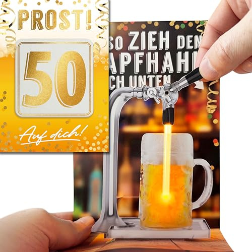 bentino 3D-PopUp Geburtstagskarte zum Bierzapfen, spektakulärer Effekt mit beweglichem Zapfhahn, Karte zum 50. Geburtstag