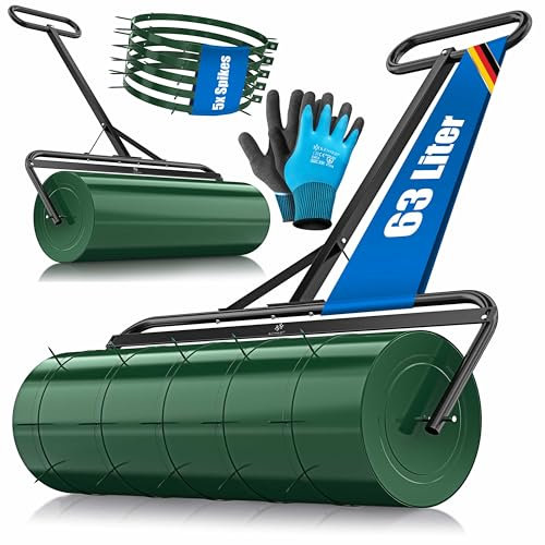 KESSER® Rullo per prati in metallo riempito con acqua o sabbia con 63 litri di volume e 99 cm di larghezza, rullo da giardino con 5 punte e guanti, rullo a mano in verde