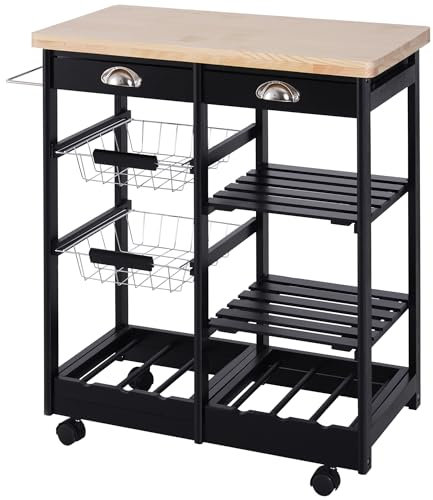 HOMCOM Chariot de service avec plateau en bois massif, desserte de cuisine avec roues, 74 x 37 x 76 cm, noir