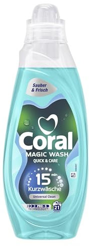 Coral Magic Wash Quick & Care Waschmittel Universal Clean Flüssigwaschmittel für 15 Minuten Kurzwäsche mit PRO-S Technologie 21 WL