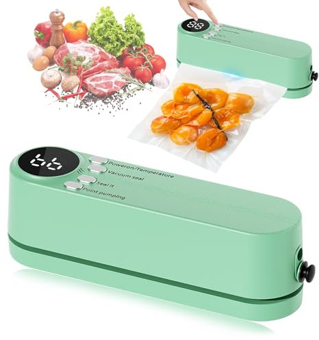 Mini Sigillatore per Sacchetti 7 in 1 Portatile con 3 Velocità e 60KPa, Macchina Sottovuoto Ricaricabile con 5 Sacchetti, Ugello per Aria e Cavo USB-C – per Alimenti, Snack, Viaggi e Campeggio(verde)