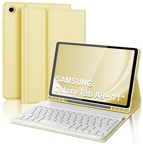 Coque Clavier pour Samsung Galaxy Tab A9 Plus/A9+ 11 Pouces, AZERTY Français Housse Clavier Bluetooth Magnétique Détachable avec Porte Crayon pour Samsung Galaxy Tab A9 Plus 11 2023, Jaune Clair