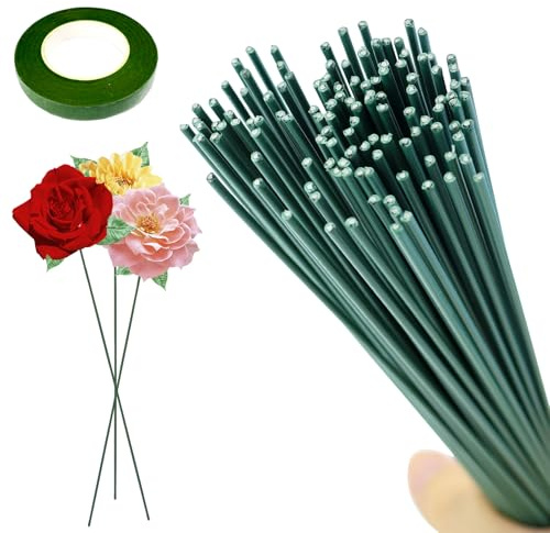 120 Stücke Blumendraht Grün Steckdraht 30CM Kunstoff Blumenstamm Steckdraht 2MM Blumenstieldraht mit 1 Floristenband für DIY Herstellung von Blumenarrangements Künstlichen Blumen Blumenkranz