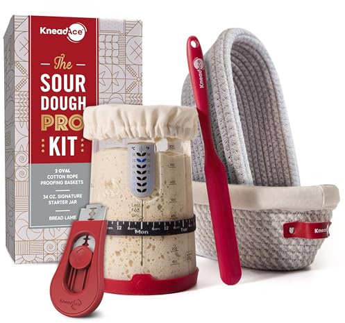 KneadAce Sourdough Starter Kit – 34oz Starter Jar, 2 Oval Banneton Proofing Baskets, Magnetic Bread Lame for Scoring – Gift for Bakers & Complete Sourdough Bread Baking Set