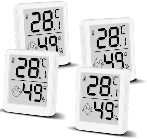 4 Stück Digital Hygrometer Thermometer mit Smiley, LCD Feuchtemessgerät Innen, Mini Luftfeuchtigkeitsmesser Meter Hochgenauer Temperatursensor für Babyzimmer Innenraum Büro Wohnzimmer (4)