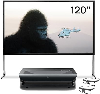 AWOL VISION LTV-3500 Pro Bundle - Pantalla plegable para exteriores de 150 pulgadas con soporte y gafas 3D (2 unidades), 4K UHD HDR10+ Dolby Vision Ultra Corto Distancia, 3000 lúmenes ISO