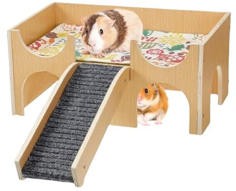 Habitat des animaux – Abri en bois ventilé, plateformes de connexion tendance | Refuge de nidification confortable pour petits animaux, espace de vie interactif pour rodentes, maison pour lapin
