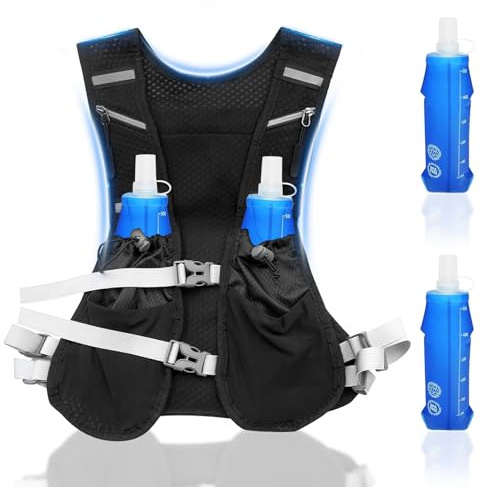 Gilet Running Zaino Idratazione con 2 Borracce Morbide 500ml, Gilet da Corsa Riflettente Regolabile Leggero e Traspirante per Uomo e Donna, per Trail Running, Maratona, Ciclismo, Escursionismo
