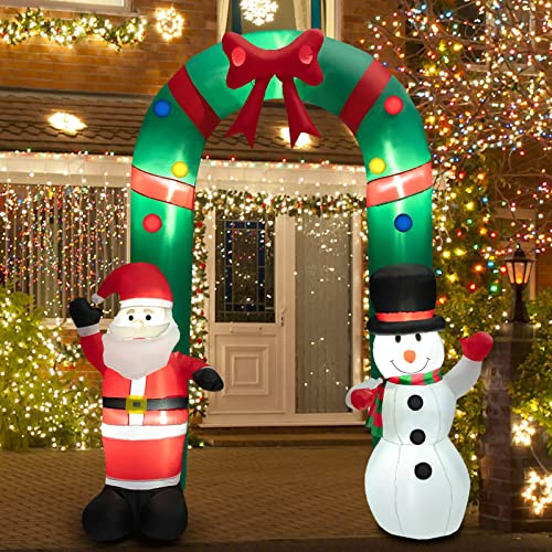 GYMAX 2 m Hinchable Grande Navideño, Arco Inflable de Papá Noel y Muñeco de Nieve para Navidad, para Exteriores con Luces LED, Sacos de Arena, Estacas y Cuerdas, Iluminada