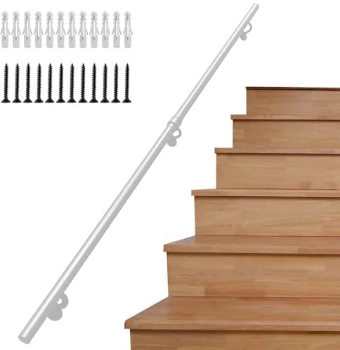 Barandilla de escalera de hierro forjado, color blanco, pasamanos para interiores y exteriores, de pared, moderna, antideslizante, con barra de seguridad - Kit completo(570cm)