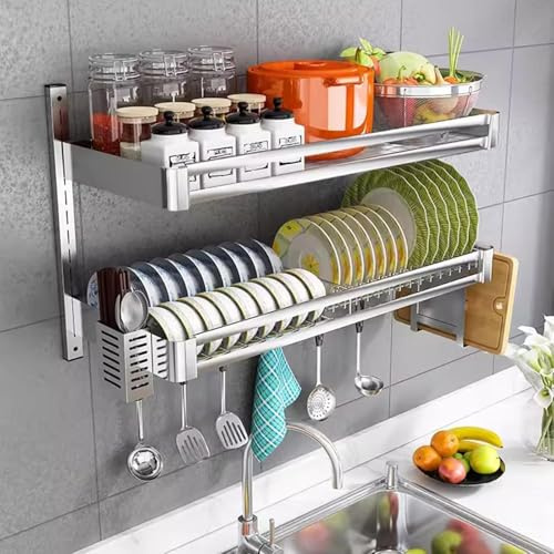 Scolapiatti da cucina a 2 livelli, organizer da parete in acciaio inox con vassoio di scarico e portaposate, mensola regolabile da appendere per piatti, ciotole e lavelli (dimensioni: 80 x 30 x 50 cm)