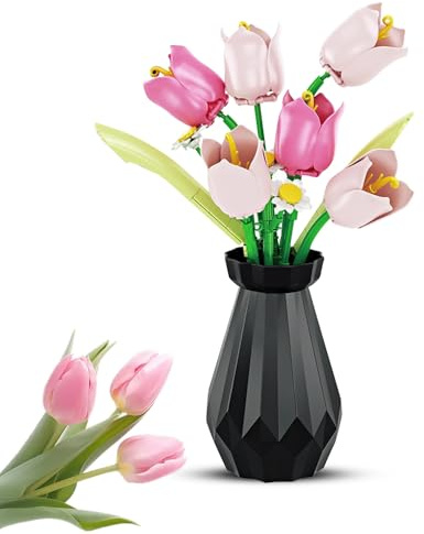 RNPKZ Tulips Flowers Bouquet Building Set, 223 PCS Flowers Bouquet Building Blocks Set with Vase, Botanical Collection Flower Bouquets, Artificial Flower BuildingBlocks Gifts for Mother's Day Birthday