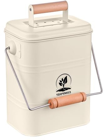 Relaxdays Komposteimer Küche, 3,5 Liter, 2 Aktivkohlefilter, Deckel, Creme | Henkel, Eisen & Holz, Biomüllbehälter