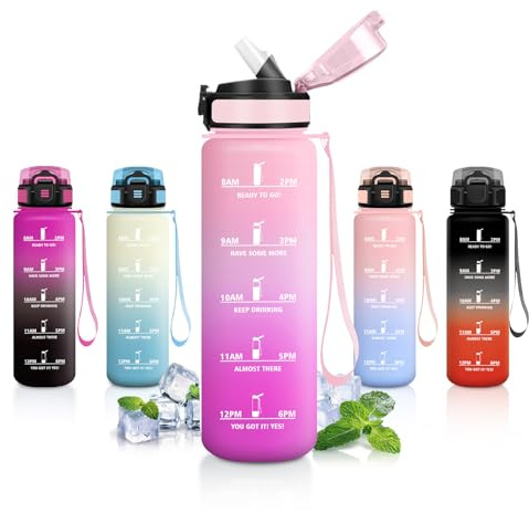 Sport Trinkflasche 1L, Trinkflasche mit Strohhalm, Trinkflasche mit Zeitmarkierung und Filte, Auslaufsicher Wasserflasche, BPA-frei & Kohlensäure Geeignet, Sportflasche für Schule, Camping, Schule