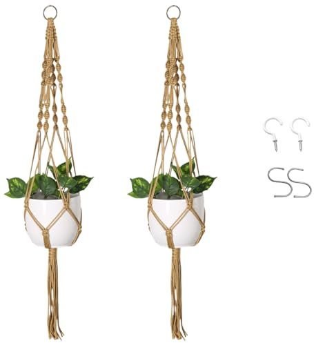 Tokaneit Makramee Blumenampel 2 Stück mit 2 Stück S Haken und 2 Hornhaken mit Dehnrohren Baumwollseil Hängeampel,Hängetopf für Pflanzen,Indoor Wandbehang Pflanzer Korb,für Garten,Balkon,Fenster