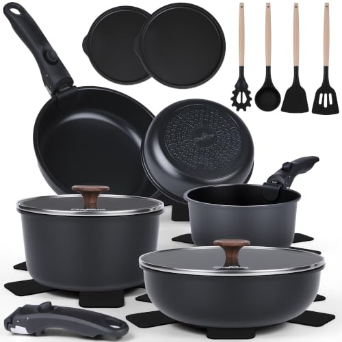 ZREOPAN 20 Pieces pots and Pans Set with Detachable Handle (Light Black) | Ceramic Coating Cookware Set , Dishwasher Safe, Fits all Stoves, PFAS PTFE PFOA PFOS free
