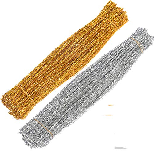 Egurs Lametta Glitzer Pfeifenreiniger 200 Stück 30cm x 6 mm Gold & Silber Chenilledraht Bunt Biegeplüsch Pfeifenputzer zum Basteln für DIY Craft Projekte und Dekorieren