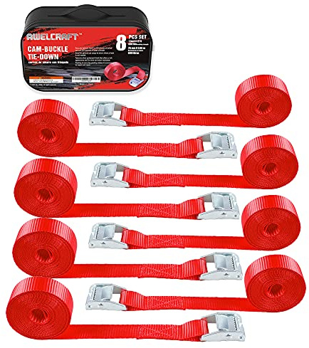AWELCRAFT 8X Zurrgurte Cam-Schnalle 2,5cm x 3,6m, 272kg, Rot + Tasche | 8 Gurte 2,5cm x 3,6m, 272kg Bruchfestigkeit – ideal für Dachgepäckträger & Anhänger
