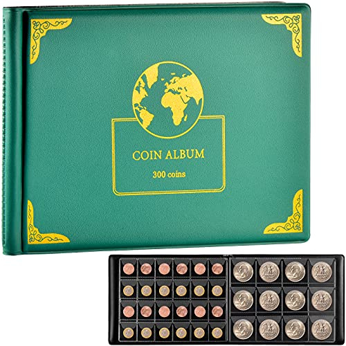 Aptbyte Coin Collection Supplies Holder Book for Collectors, 300 Pockets Coin Collection Organizer Storage Box Case Album for 20/25/ 27/30/ 38mm Coins (Earth Pattern Green)