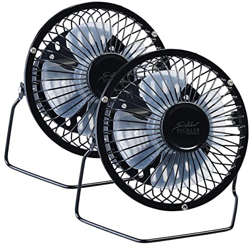 Sichler Haushaltsgeräte Ventilator mit Akku: 2er-Set Mini-Akku-Tischventilatoren, Vollmetall, 360° neigbar, Ø 10 cm (Ventilator Mini, Tisch, Kühl)