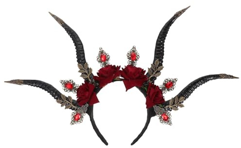 Beavorty Halloween Horn Stirnband Rosen Girlande Gothic Haarband Gothic Dämon Kristall Kopfschmuck Waldtier Fotografie Requisiten für Halloween Kopfschmuck Cosplay Haarschmuck