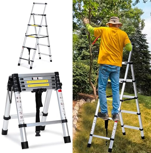 Joparri Escalera telescópica plegable de aluminio, 1,4 m + 1,7 m, marco A, 4 + 5 peldaños, extensible para reparación de techos, 62,7 cm plegado, 150 kg carga