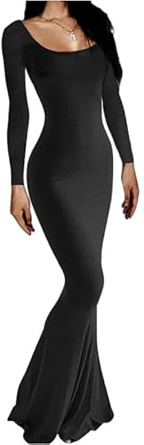 Rongseng Damen Langarm Maxikleid Figurbetontes Sexy Bodycon Kleid Eng Lang Stretch Weiche Freizeitkleid Fischschwanzkleider Elegant Einfarbig Abendkleid Partykleid Winterkleid Cocktail Kleider