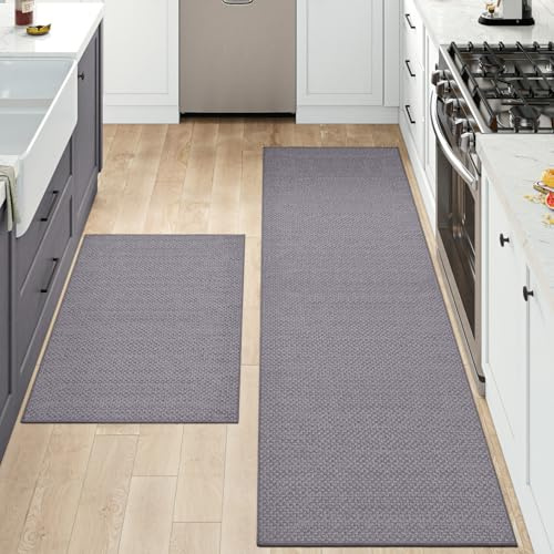 DEXI 2 Pièces Tapis Cuisine Devant Evier, Dessous en Caoutchouc Antidérapant, Absorbe l'huile et l'eau, Facile à Nettoyer, 43x75cm + 43x150cm, Gris