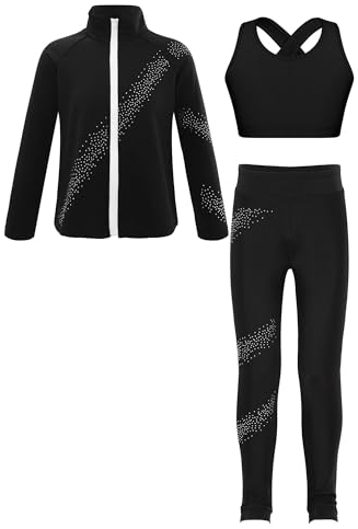 iiniim Kinder Mädchen Trainingsanzug Eiskunstlauf Anzug Glitzer Strass Langarm Sweatjacke + Hose Sport Leggings Yoga Gym Eislaufen Tanzkleidung Schwarz 158-164