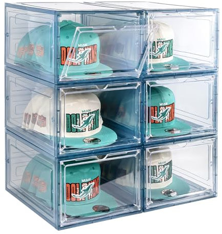 SCAVATA 6 Pack Hat Organizer Box, Stackable Clear Baseball Caps Holder Box Containers with Magnetic Door for Hats Snapback Cap Storag, Hat Rack Display Case, Holds 8 Hats Each (Blue)