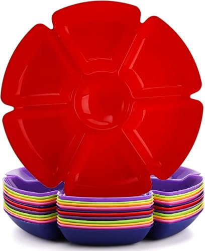 Lemecima 12 Pcs Plastic Snack Serving Tray, 12 Inch Unbreakable Chip and Dip Divided Serving Plates, Round 7 Compartments Multifunctional Food Platter for Snack, Nuts, Candy, Dried Fruit, Veggies