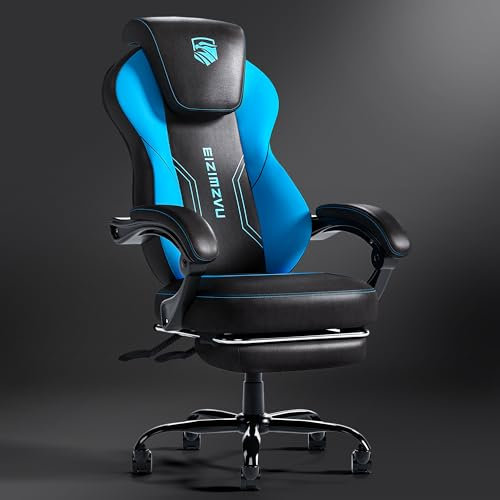 Gaming-Stuhl mit Fußstütze und verstellbarer Kopfstütze, ergonomischer Hochlehner, Liegestuhl mit Armlehnen, Drehstuhl für Computerstuhl mit Lendenwirbelstütze für Home Office & Esports (PU-Blau)