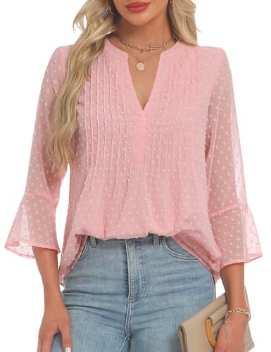 AIMCOO Blouses for Women Dressy Casual V Neck Tunic Flowy 3/4 Bell Sleeve Tops for Women Summer Chiffon Double Layer Top Loose Fitt Office Shirt Pink Medium