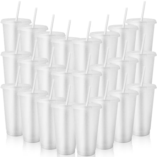 SWHCM 24 Stück Plastikbecher mit Deckeln und Strohhalmen, 710 ml Glitzer Iced Kaffee Becher, Wiederverwendbar Kunststoffbecher für Smoothies, Säfte, Geburtstagsfeiern - Partyzubehör (Transparent)