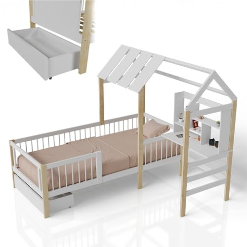 Juskys Kinderbett Yari 90x200 cm - Einzelbett mit Schreibtisch & Schublade, Kiefernholz & Langlebige Materialien, Verspieltes Haus-Design - Weiß/Natur