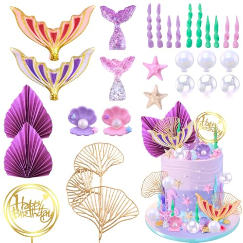 MEMOVAN Mermaid Cake Topper 32PCS Mermaid Tail Cake Decorations Under the Sea Cake Cupcake Toppers with Seaweed Bubbles Shells Starfish Golden Ginkgo Leaves for Birthday