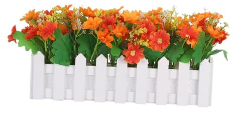 Amosfun Realistic Artificial Chrysanthemum Flowers in Rustic Fence Pot Use Potted Plants for Indoor and Outdoor Garden Porch Wedding Decorations Easy Setup Fake Outdoor Flowers
