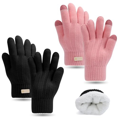 Mayoii 2PCS Winter Gloves for Men and Women, Thermal Knit Touchscreen Gloves with Fleece Lining, Thermal Glove Womens For Running, Ski, and Cold Weather (Black+Pink, One Size)