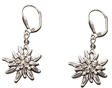 Trachten Ohrringe Strass-Edelweiß - Damen Trachtenohrhänger mit Kristallsteinen,Trachtenohrringe Trachtenbluse,Dirndl-Schmuck Edelweiss mit klaren Strass-Steinen zum Oktoberfest (antik-silber-farben)