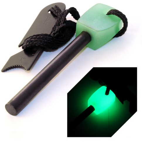 Ganzoo Outdoor Feuerstahl Feuerstein Zündstein Magnesium 76mm, fluoreszierender Kunststoff-Kopf, Schwarz/Grün, Survival Camping Firesteel, inkl. Stahlwerkzeug Lineal 5cm und Map-Rangefinder