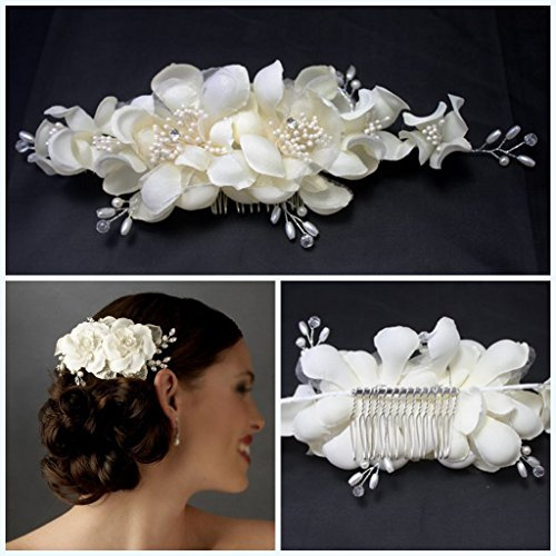 Miya® 1Stück mega Glamour handgemacht Haarkamm Steckkamm mit sanft Tüll Blumen Ivory Weiß aus Spitzen Lace, Perle und Kristall, Braut Schmuck Hochzeit Jugendweihe Braut Haarschmuck