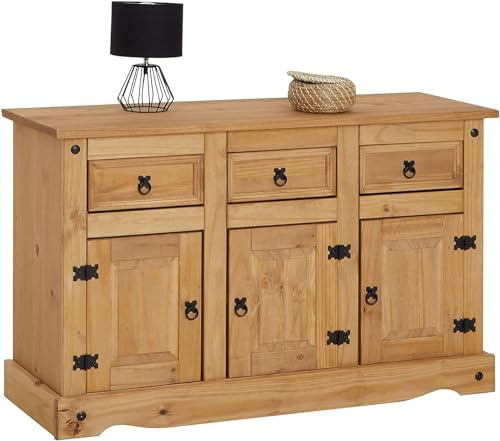 Mews Corona Anrichte aus mexikanischem Kiefernholz, 3 Schubladen und 3 Türen, rustikales Design