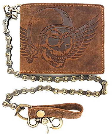 Biker Geldbörse quer mit massiver 50cm Fahrrad-Kette vegetabil gegerbtes Hunterleder Portemonnaie Totenkopf, Braun, S