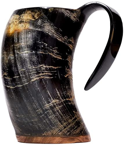 Brillibrum Taza de cuerno de vaca, diseño de cuerno de vaca, pulida con asa, vaso vikingo, recipiente para beber de cuerno de cerveza, jarra medieval, taza única para cuernos de miel (500 ml, taza de