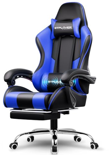 GTPLAYER Gaming Stuhl Bürostuhl Massage Gaming Sessel Ergonomischer Gamer Stuhl mit Fußstütze, Kopfstütze Massage-Lendenkissen, Gepolstert Gaming Chair, Drehsessel Kunstleder-Seeblau