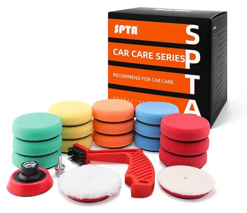 SPTA Drill Polishing Pads Kit, 20pcs 3inch (80mm) Car Foam Polishing Buffing Pads, Wool Pads, Multifunctional Cleaning Brush, Backing Plate for Car Polisher Polishing,Buffing and Cutting