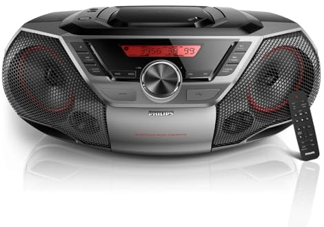 Philips Portable Boombox CD Player Bluetooth FM Radio MP3 Mega Bass Reflex Stereo Sound System with NFC, 12W, USB Input, Headphone Jack, and LCD Display