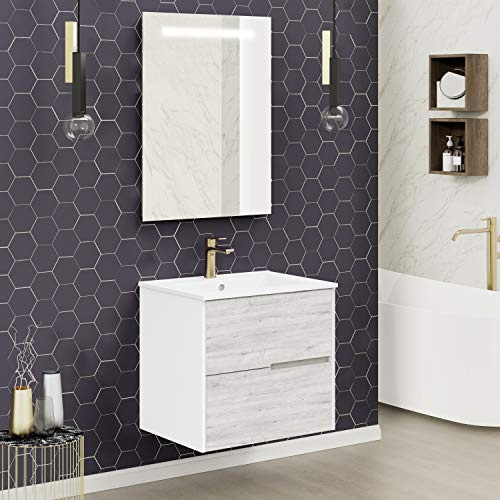 Baikal Conjunto Mueble de baño Gavin, 60cm, 2 cajones, suspendido en Pared. Incluye Lavabo cerámico y Espejo con iluminación LED. Acabado Silver. Se Entrega Montado.