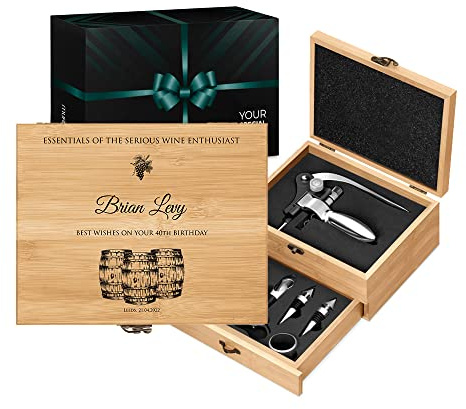 Maverton Wine Opener Set, Engraved Sommelier Corkscrew Set, Barrels | Stainless Steel Wine Opening Accessories, Customized Wine Opening Kit in Bamboo Case, for Man